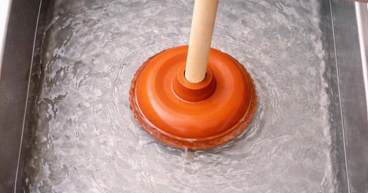 Een oranje ontstopper in een gootsteen vol water.